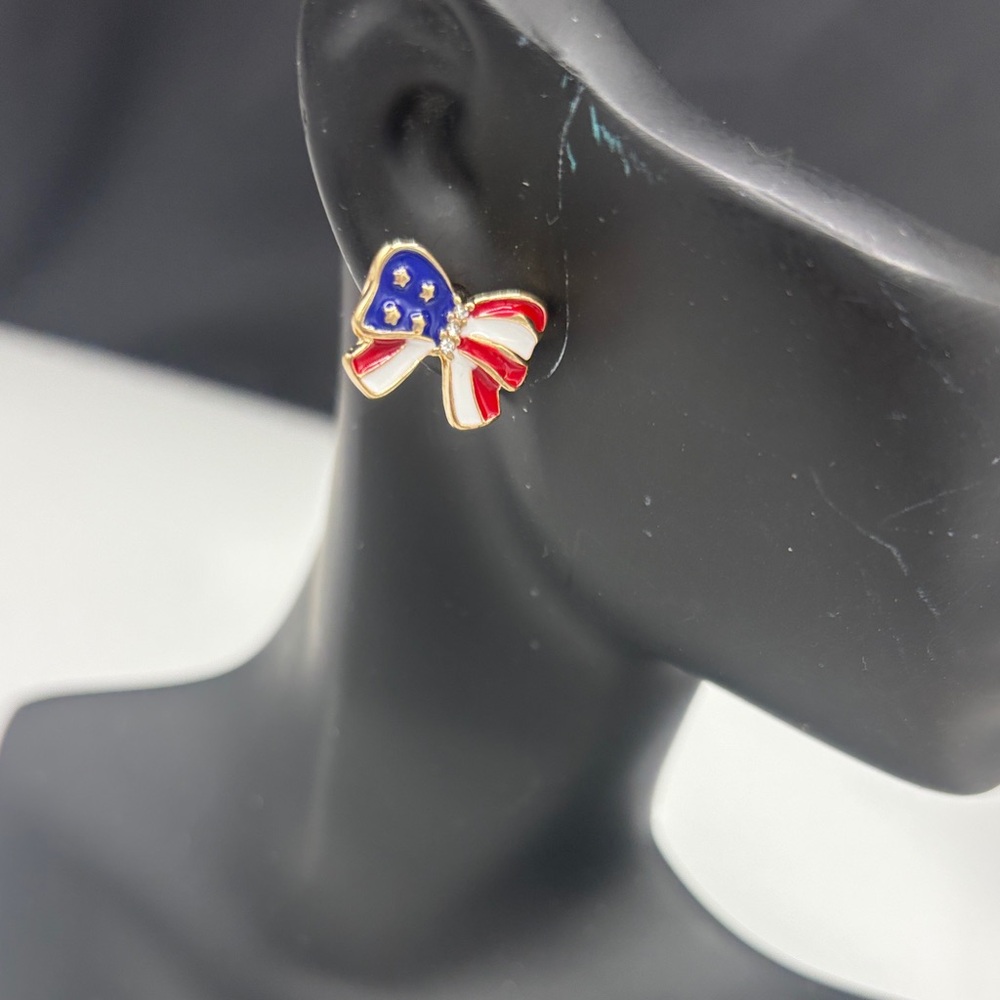 4th of July Gold-Tone Bow Stud Earrings in Red, White & Blue